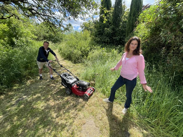 <p>Turf war: the sparring couple with their two-type lawn </p>