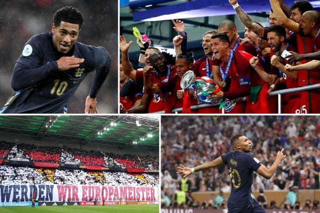 <p>Clockwise from top left: Jude Bellingham; Portugal after the Euro 2016 final; Kylian Mbappe; German fans</p>