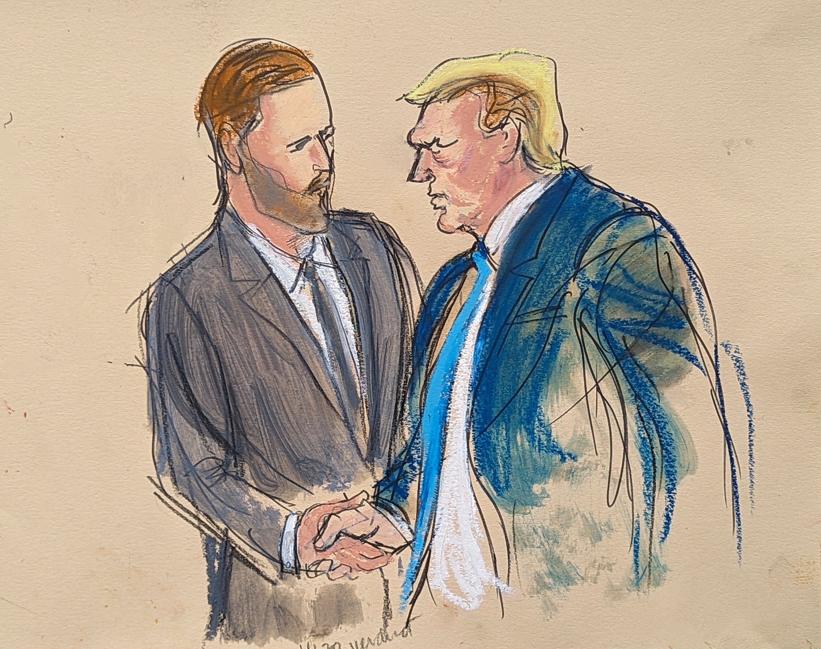 A court sketch of former president Donald Trump, right, shaking his son Eric Trump's hand as he walks out of the courtroom in Manhattan Criminal Court on May 30