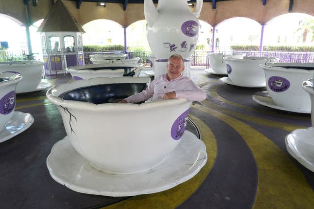 <p>Liberal Democrats leader Sir Ed Davey on the teacups ride at Thorpe Park (Lucy North/PA)</p>