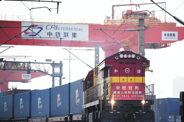 <p>A China-Europe freight train departs from Xi’an Guojigang Railway Station in Xi’an, Shaanxi province, in March</p>