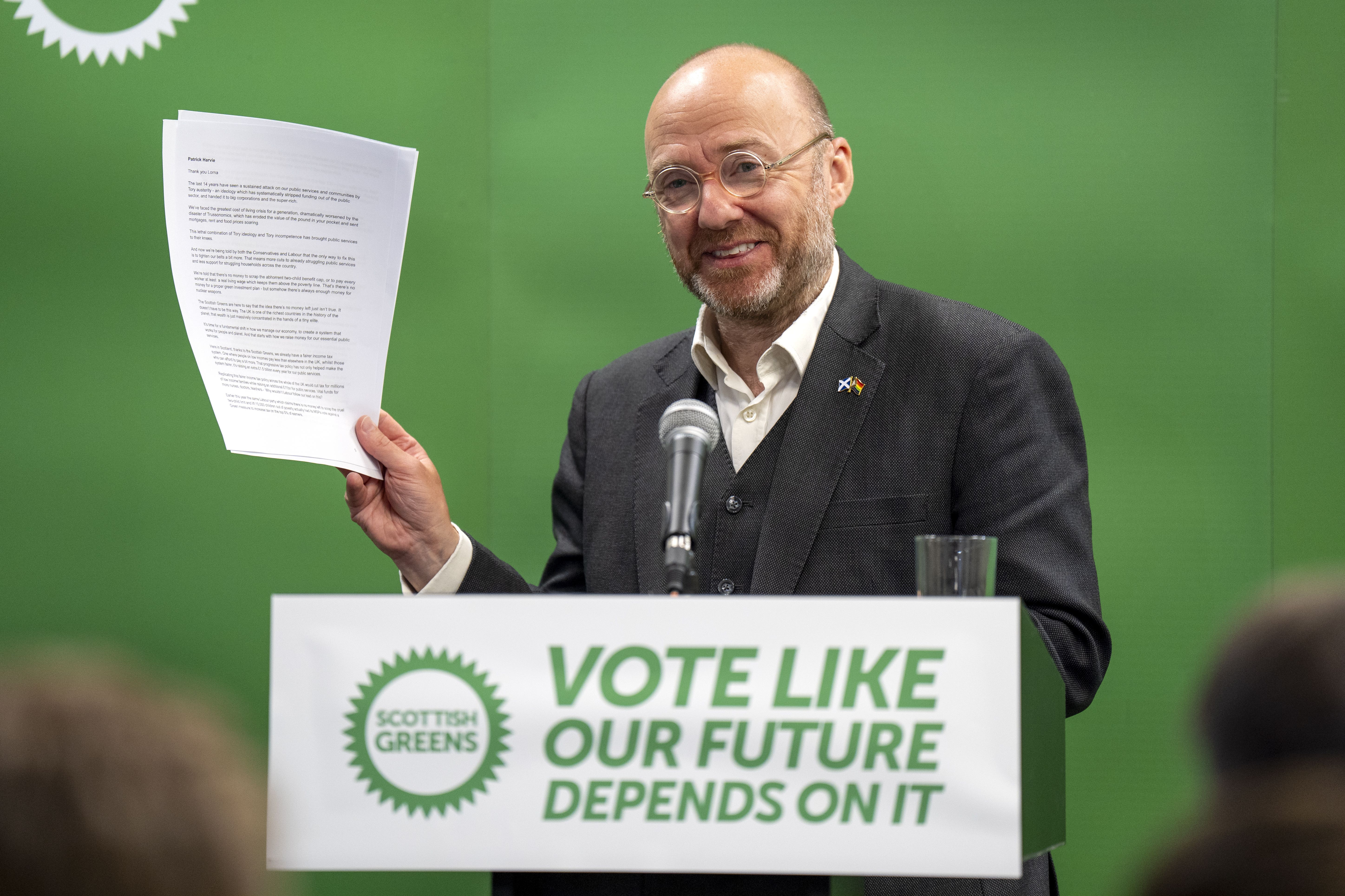 Scottish Green Party co-leader Patrick Harvie giving a keynote speech outlining the key policies and themes of the campaign during their party’s General Election Campaign launch (PA)