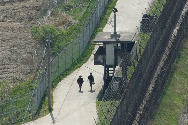 <p>South Korean soldiers patrol along their border with North Korea in Paju on 23 April 2024</p>
