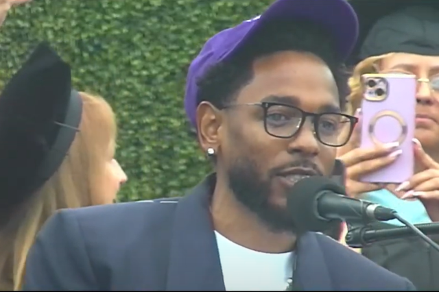 <p>Kendrick Lamar delivers the commencement speech at the Compton College graduation ceremony</p>