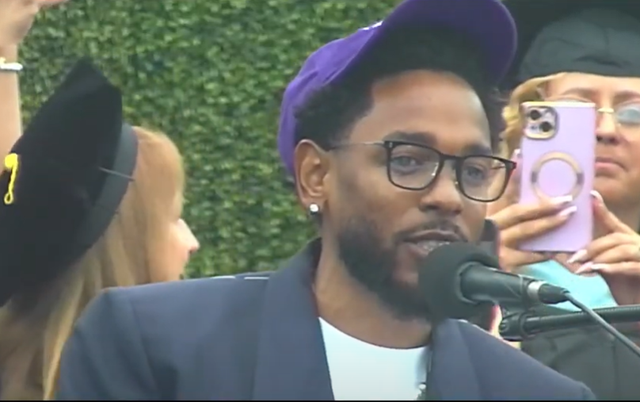 <p>Kendrick Lamar delivers the commencement speech at the Compton College graduation ceremony</p>