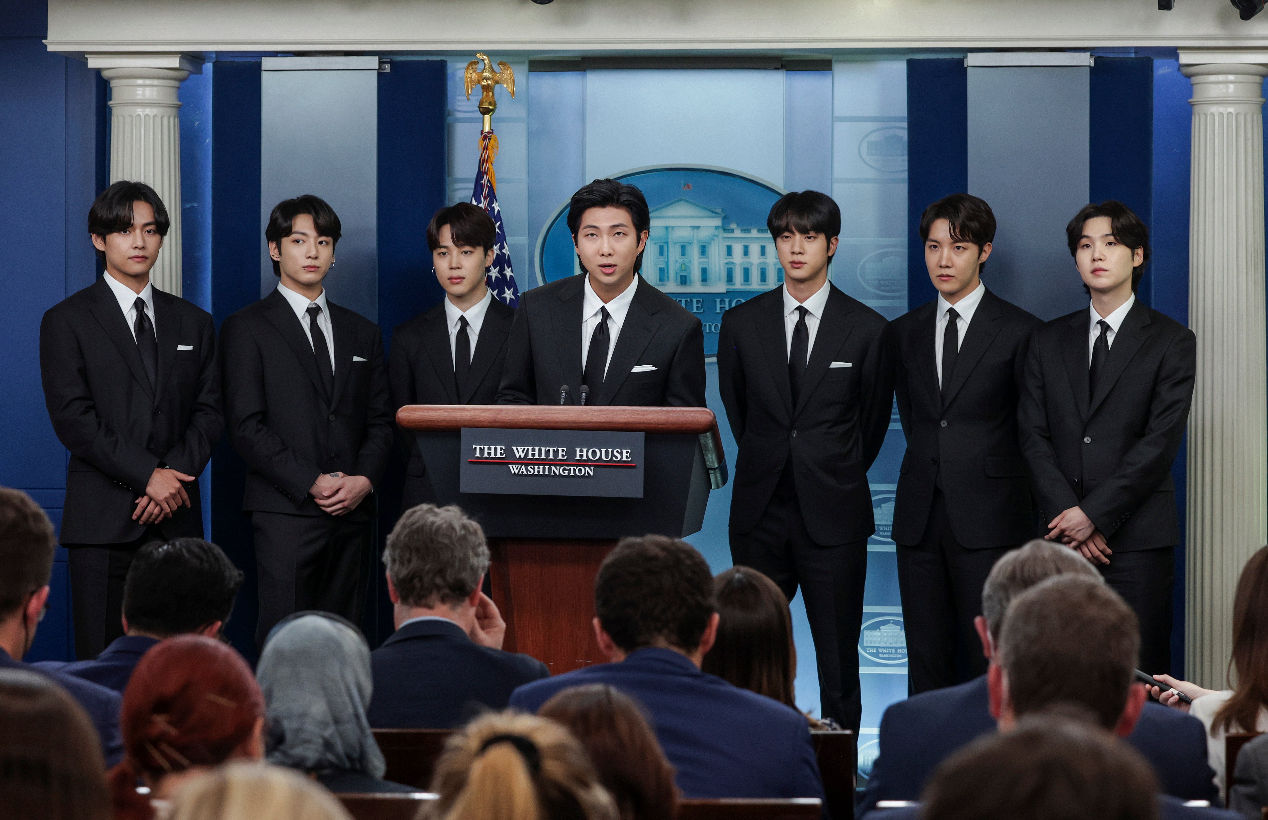 V, Jungkook, Jimin, RM, Jin, j-hope and Suga of BTS speak at the White House in Washington DC on 31 May 2022