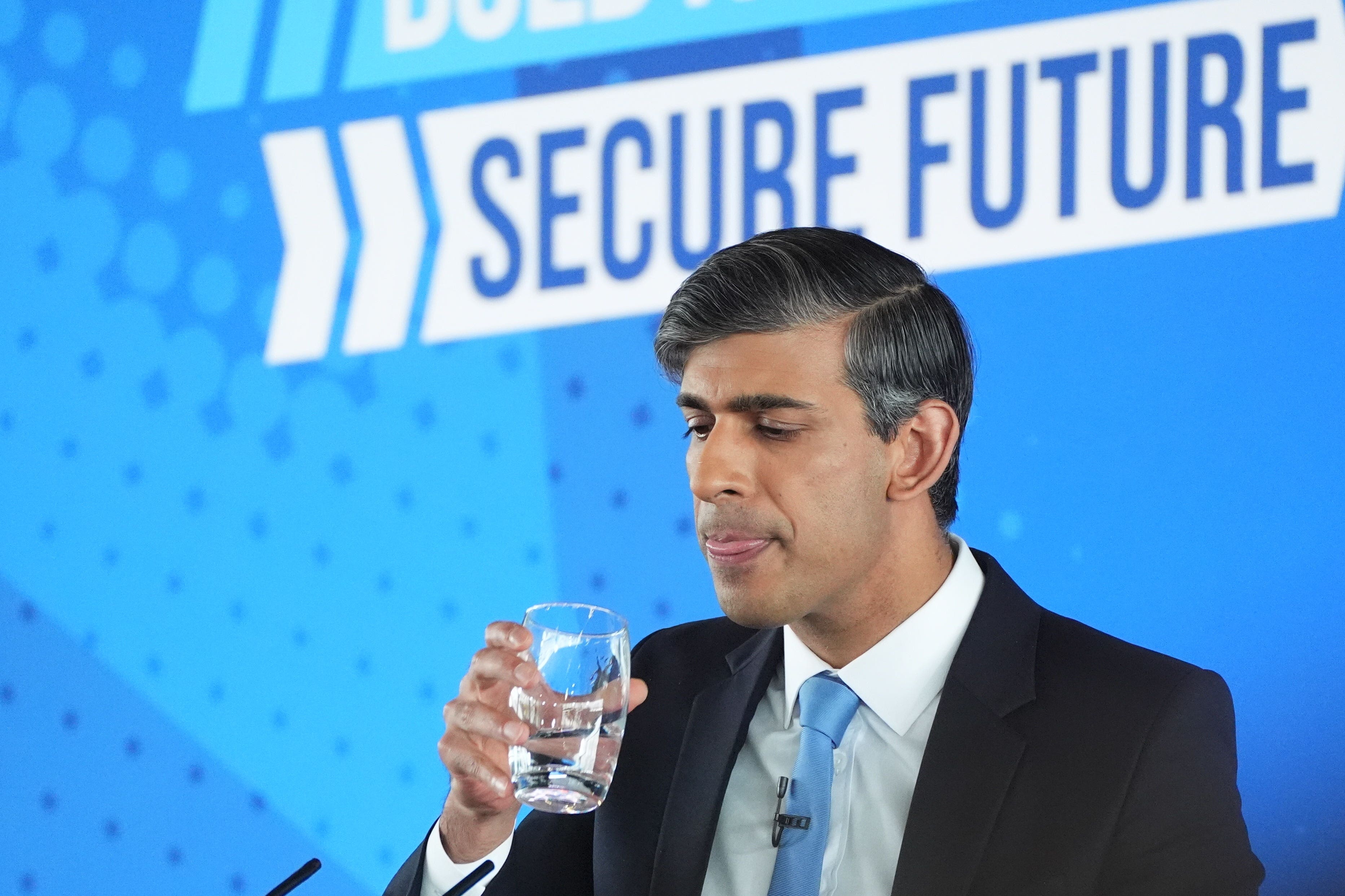 Prime Minister Rishi Sunak launches the Conservative Party General Election manifesto at Silverstone in Towcester (James Manning/PA)