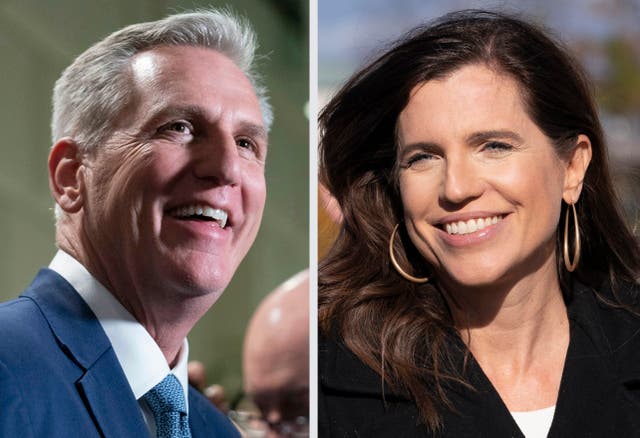 <p>A feud between Kevin McCarthy (left) and Nancy Mace continues as Mace heads into her primary on Tuesday</p>