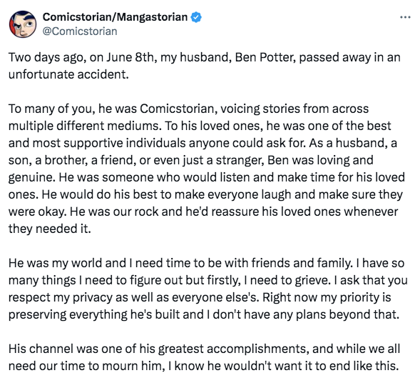 Nathalie Potter’s statement about the death of husband Ben, aka Comicstorian