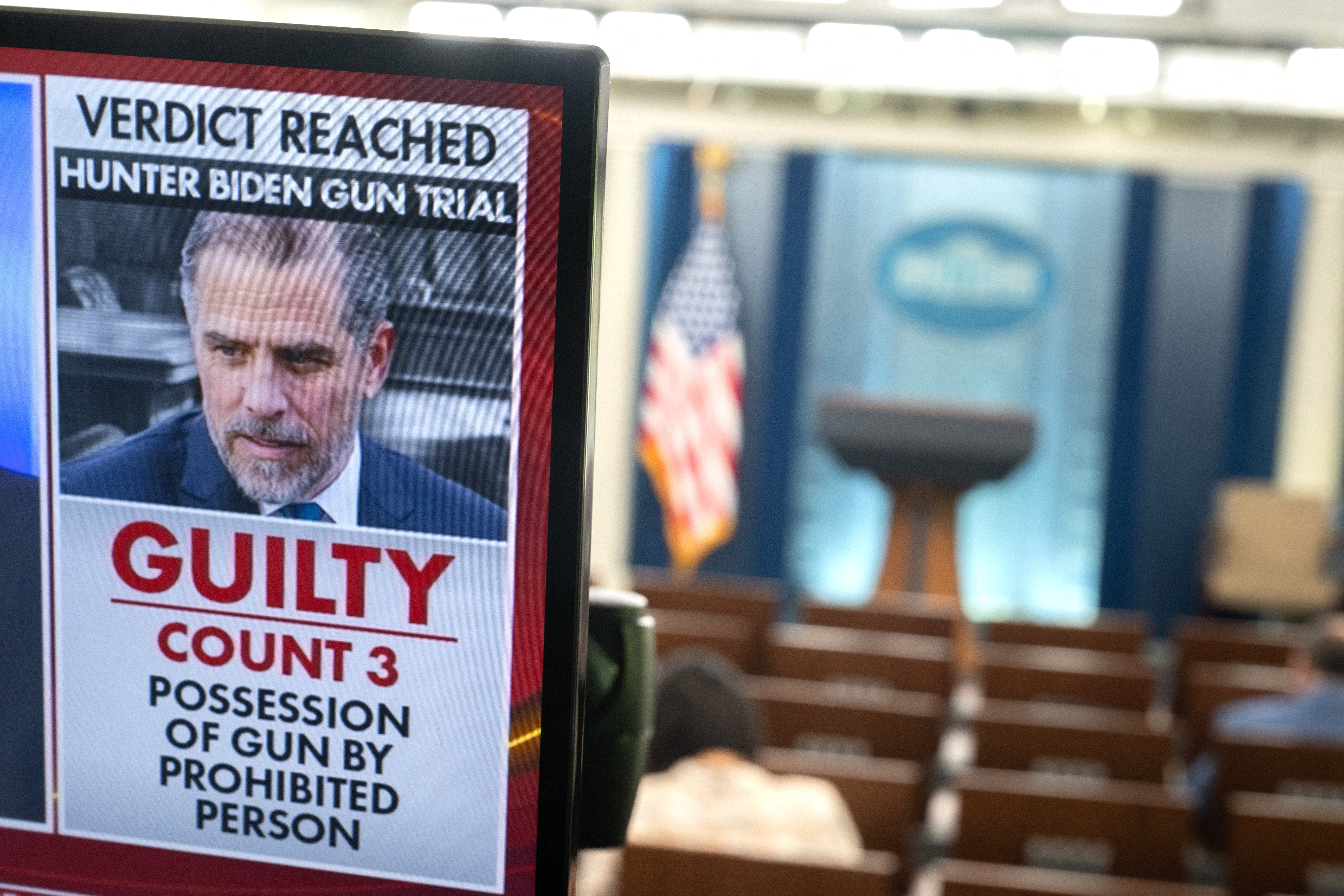 A television monitor shows the verdict in the Hunter Biden trial in the Brady Press Briefing Room of the White House in Washington, DC, June 11, 2024