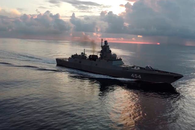 <p>In this photo taken from video released by Russian Defense Ministry Press Service on Tuesday, June 11, 2024, the Russian navy's Admiral Gorshkov frigate is seen en route to Cuba</p>