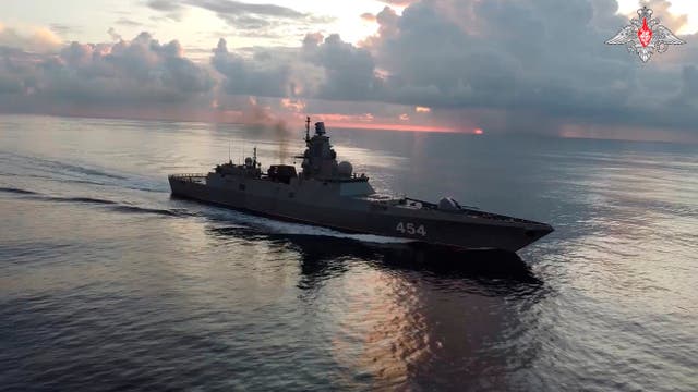 <p>In this photo taken from video released by Russian Defense Ministry Press Service on Tuesday, June 11, 2024, the Russian navy's Admiral Gorshkov frigate is seen en route to Cuba</p>