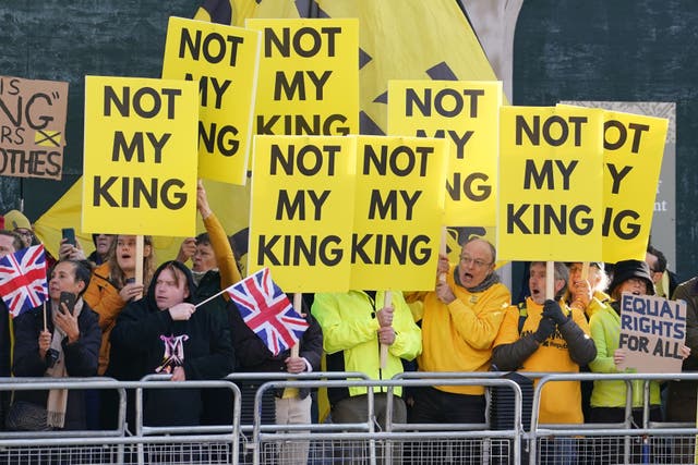 Anti-monarchy pressure group Republic protest outside the Palace of Westminster in London during the State Opening of Parliament in November (Gareth Fuller/PA)