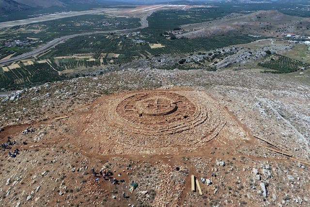 <p>The ruins of a 4,000-year-old hilltop building newly discovered on the island of Crete are seen from above.</p>