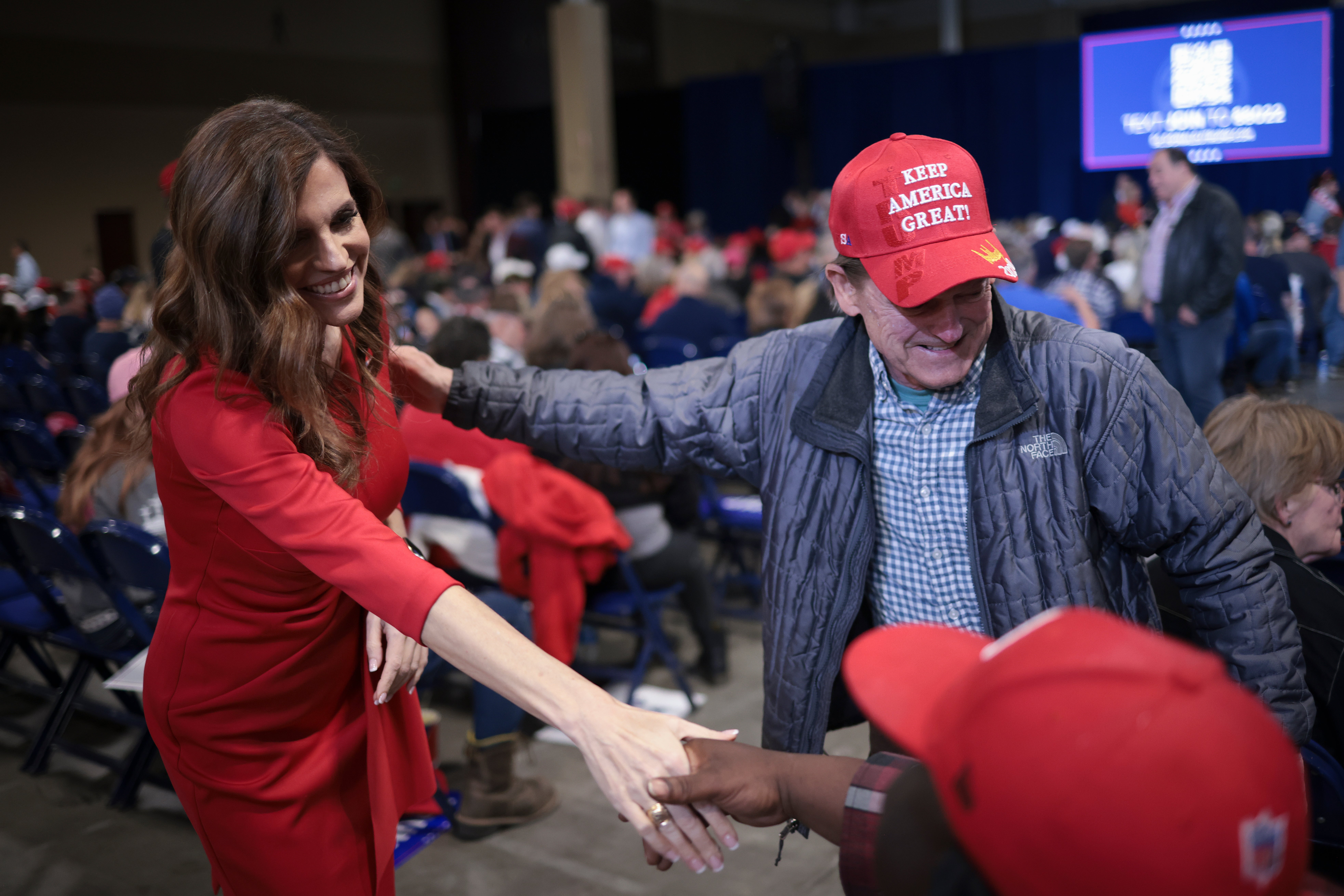 South Carolina Rep Nancy Mace greets supporters at a Trump rally in February 2024