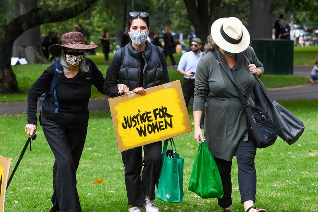 <p>File image: People attend a protest against sexual violence and gender inequality in Melbourne on 15 March 2021</p>