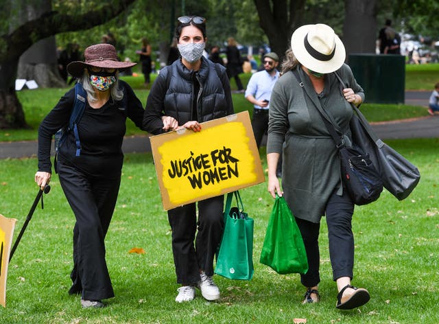 <p>File image: People attend a protest against sexual violence and gender inequality in Melbourne on 15 March 2021</p>
