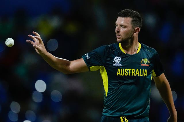 Josh Hazlewood hinted at the prospect of Australia trying to knock England out of the T20 World Cup (Ricardo Mazalan/AP)