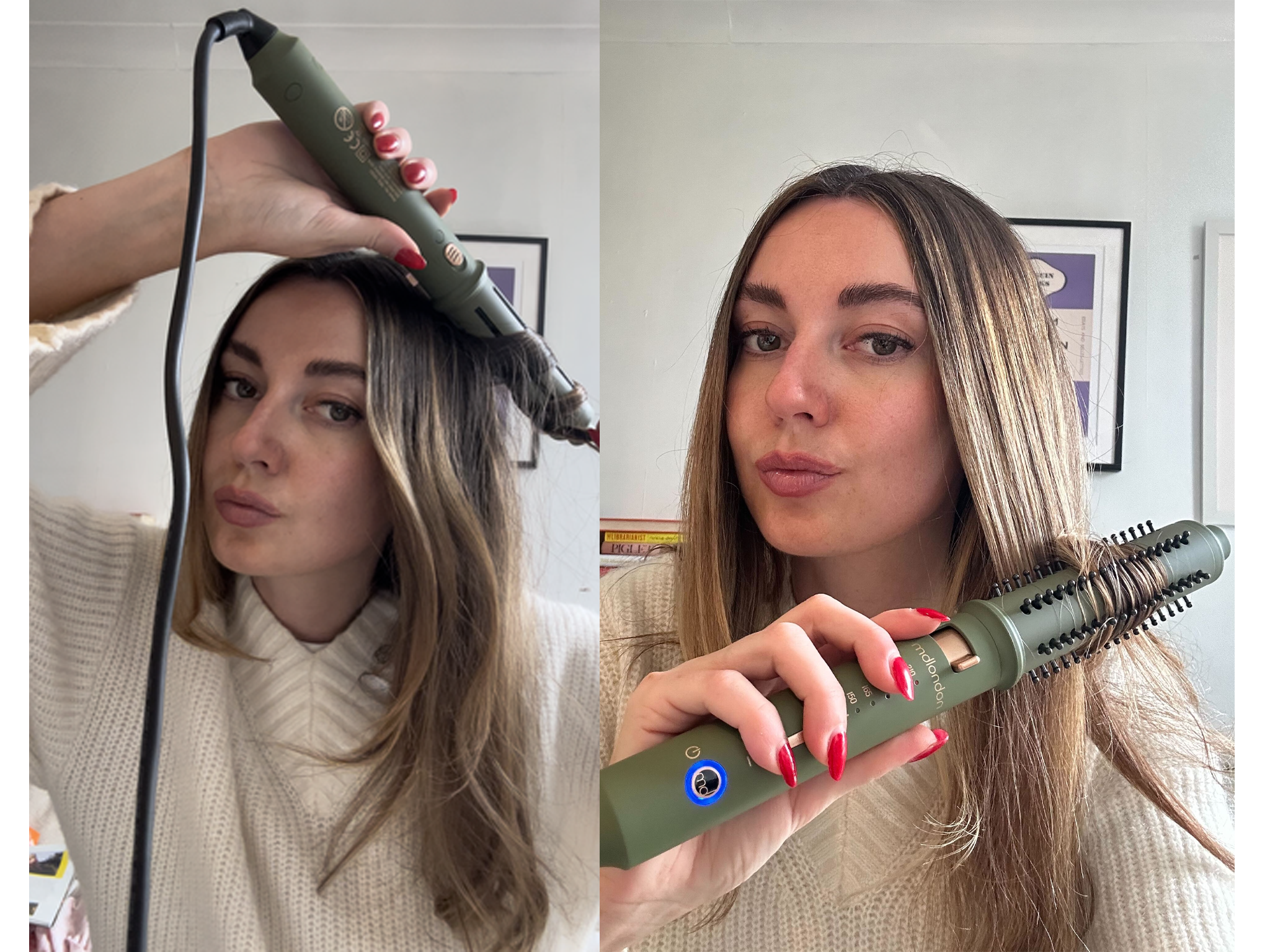 Testing the barrel in its two modes: hot brush and curling wand