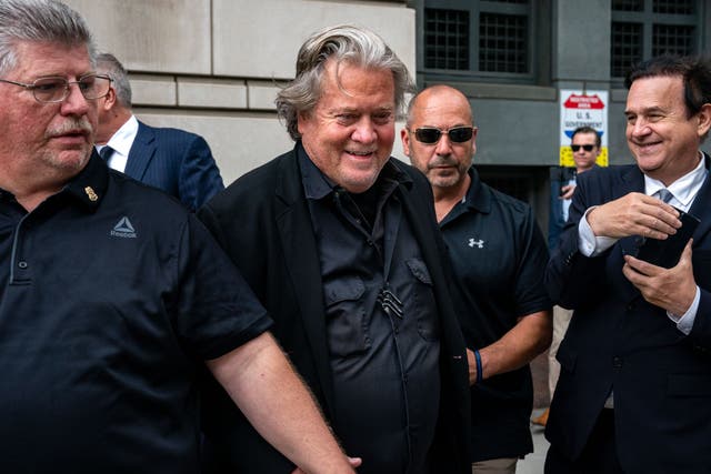 <p>Steve Bannon, pictured on June 6, is asking a federal appeals court to intervene and keep him out of jail </p>
