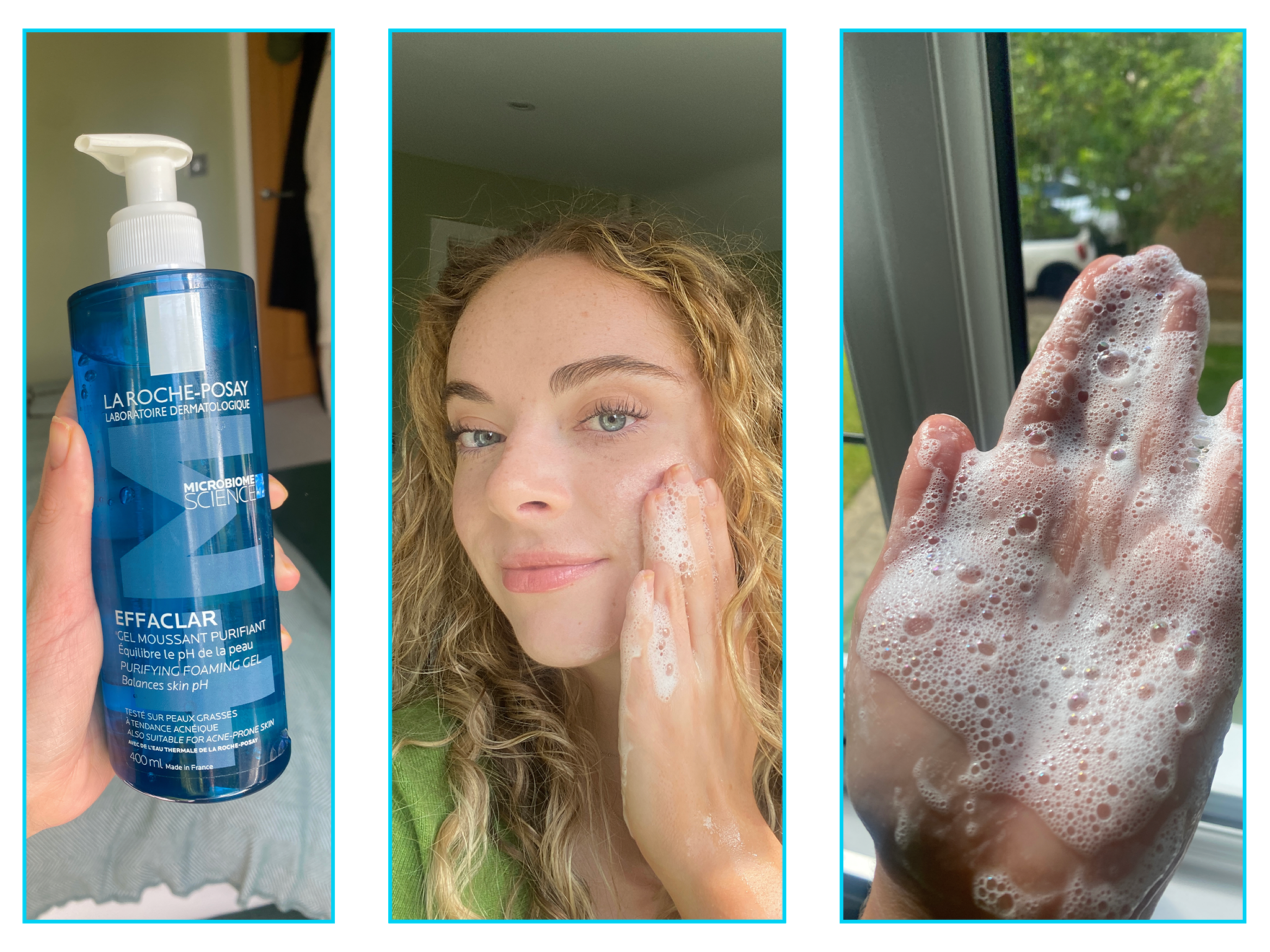 Our tester in action cleansing their skin with the favourite La Roche Posay face wash