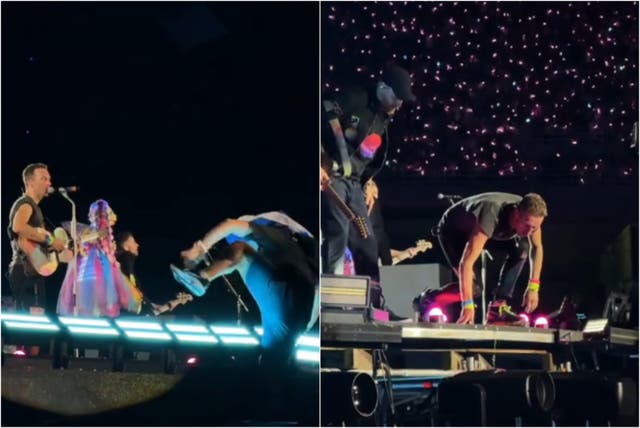 <p>A man attempts to climb onto the stage during Coldplay’s gig in Athens, Greece</p>