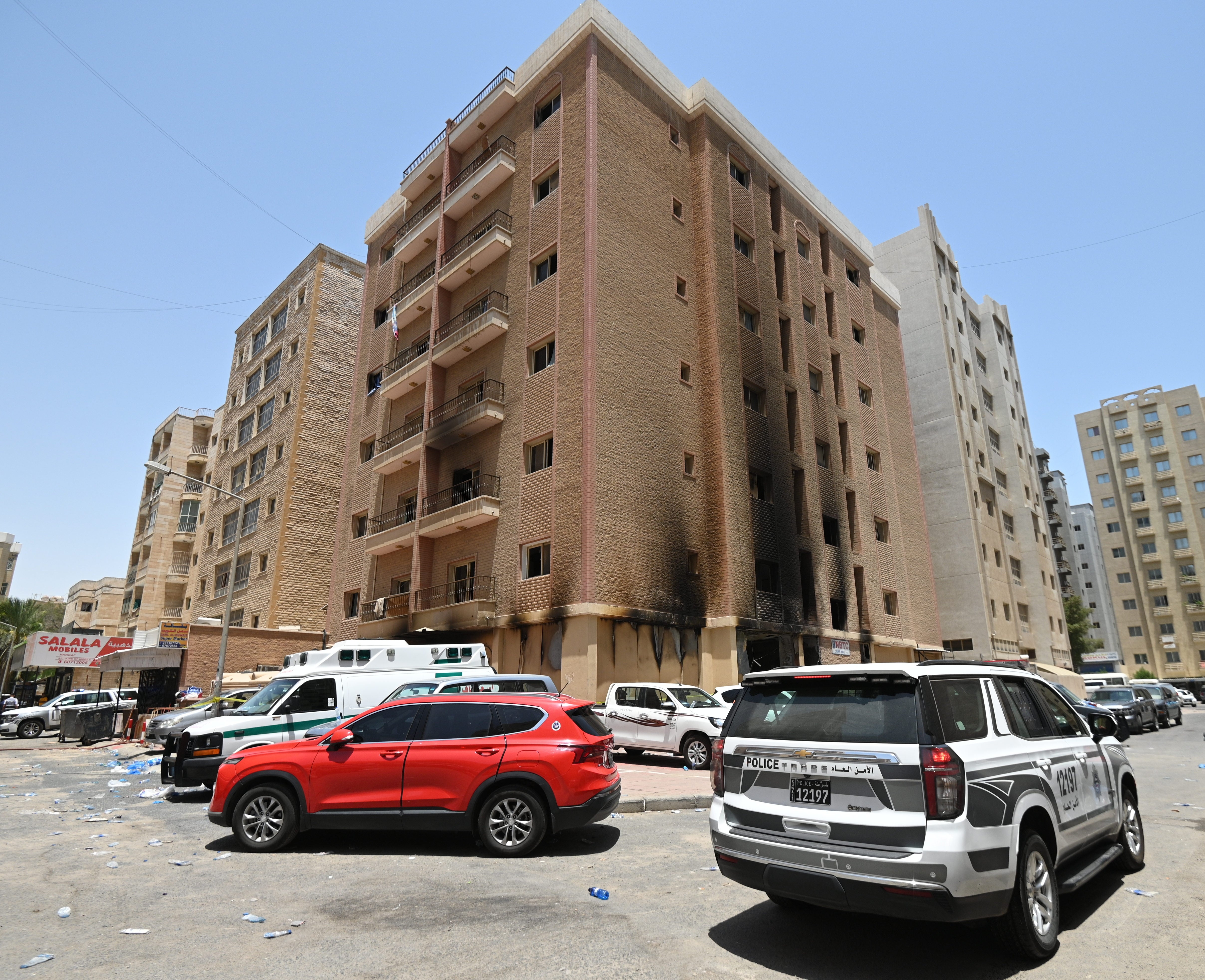 An exterior view a residential building after a fire broke out in Mangaf area, southern Ahmadi governorate, Kuwait