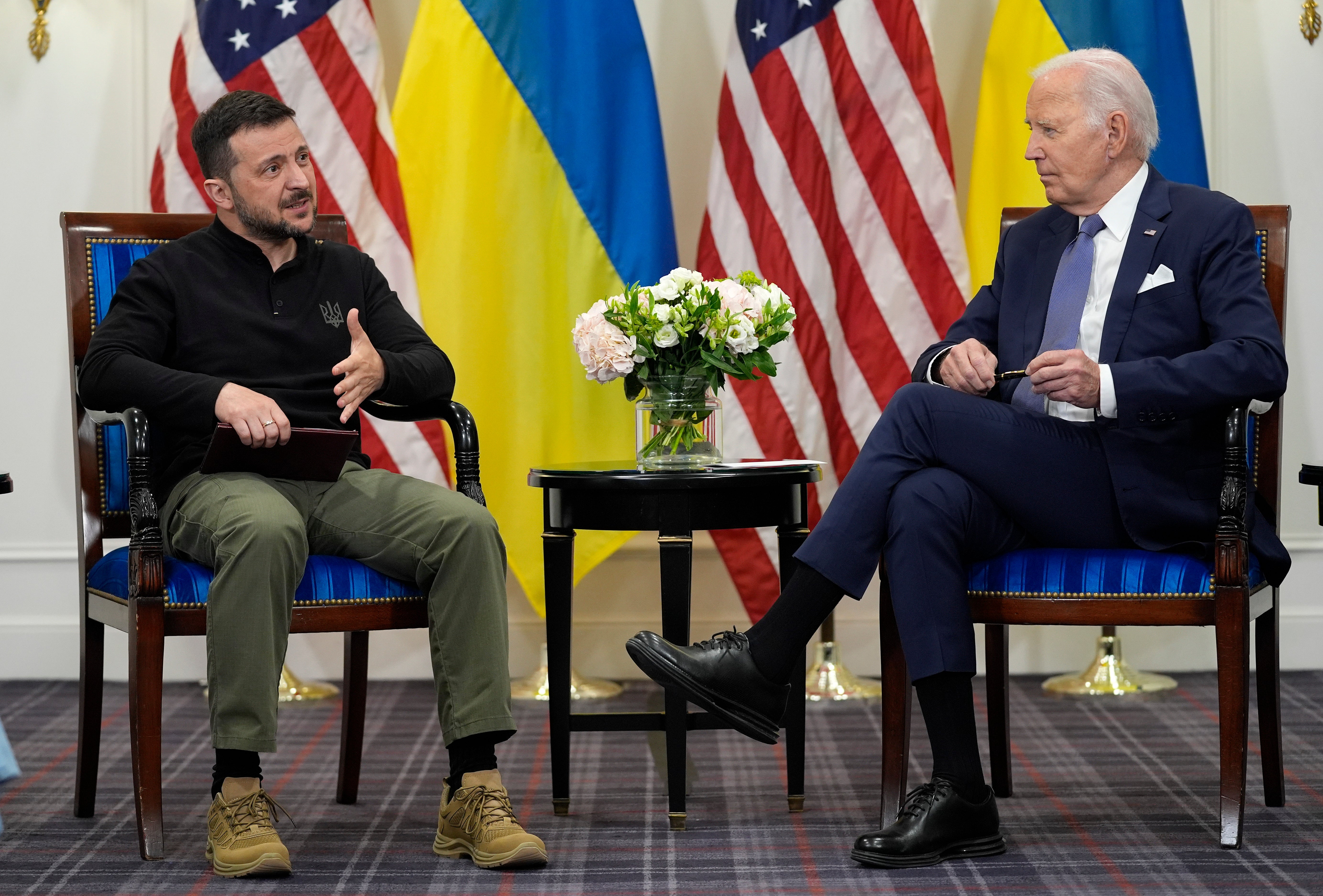US president Joe Biden meets with his Ukrainian counterpart Volodymyr Zelensky in Paris, on June 7 2024