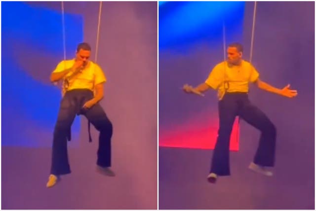 <p>Chris Brown gestures to his tour crew after getting stuck while suspended over the stage</p>