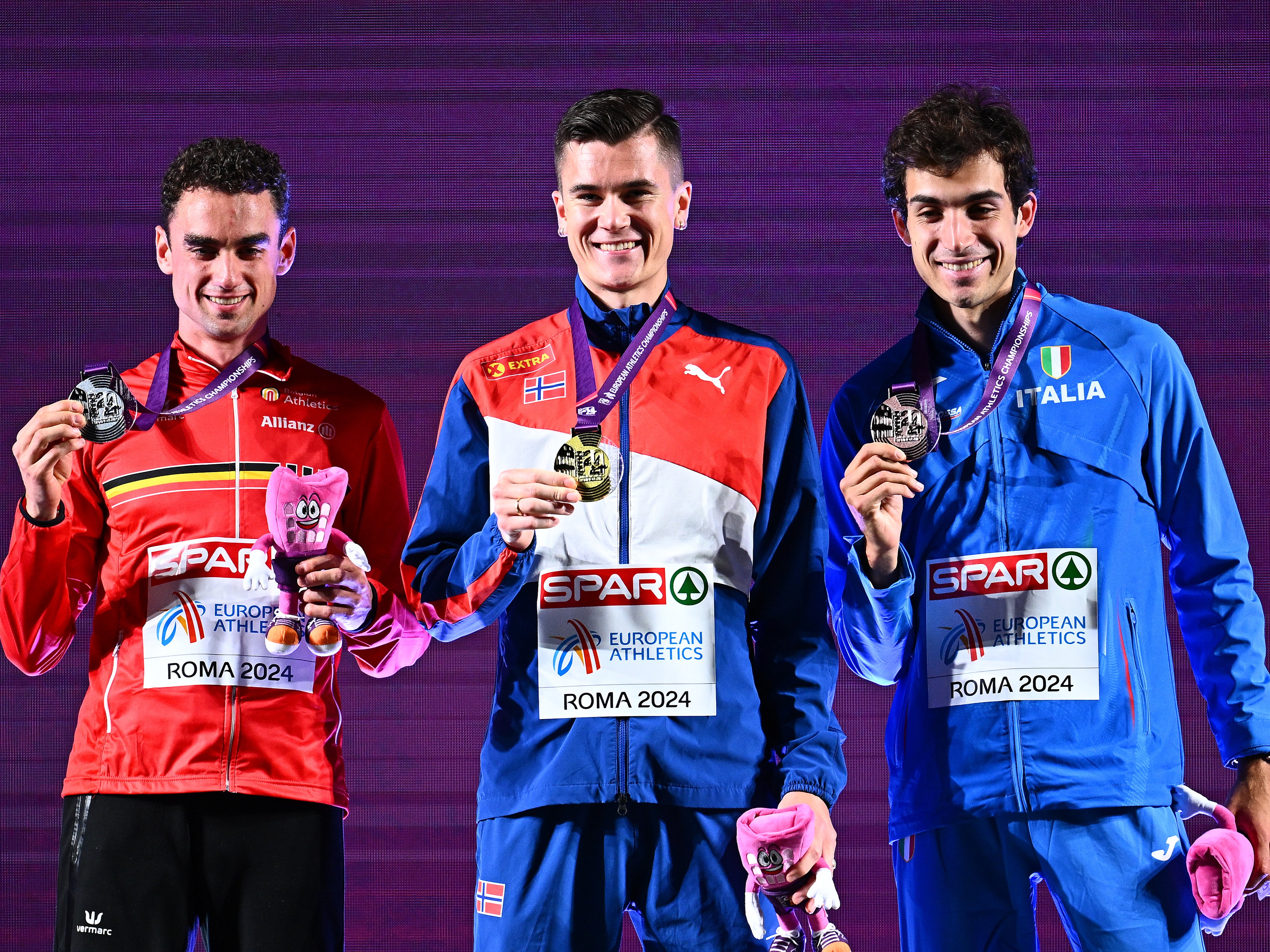 Silver medalist Jochem Vermeulen of Team Belgium, Gold medalist Jakob Ingebrigtsen of Team Norway and Bronze medalist Pietro Arese of Team Italy