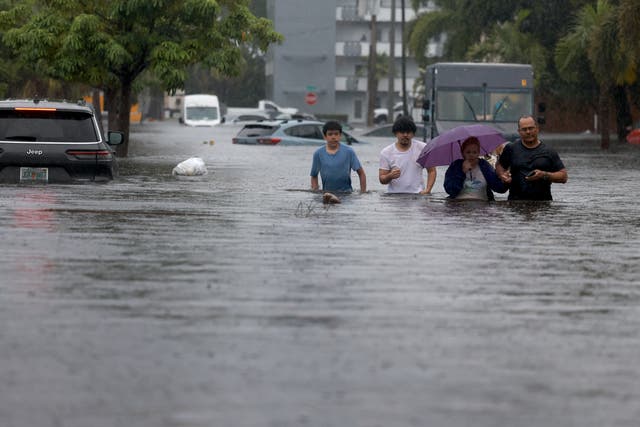 <p> People walk through a flooded street as they evacuate on June 12, 2024, in Hollywood, Florida</p>