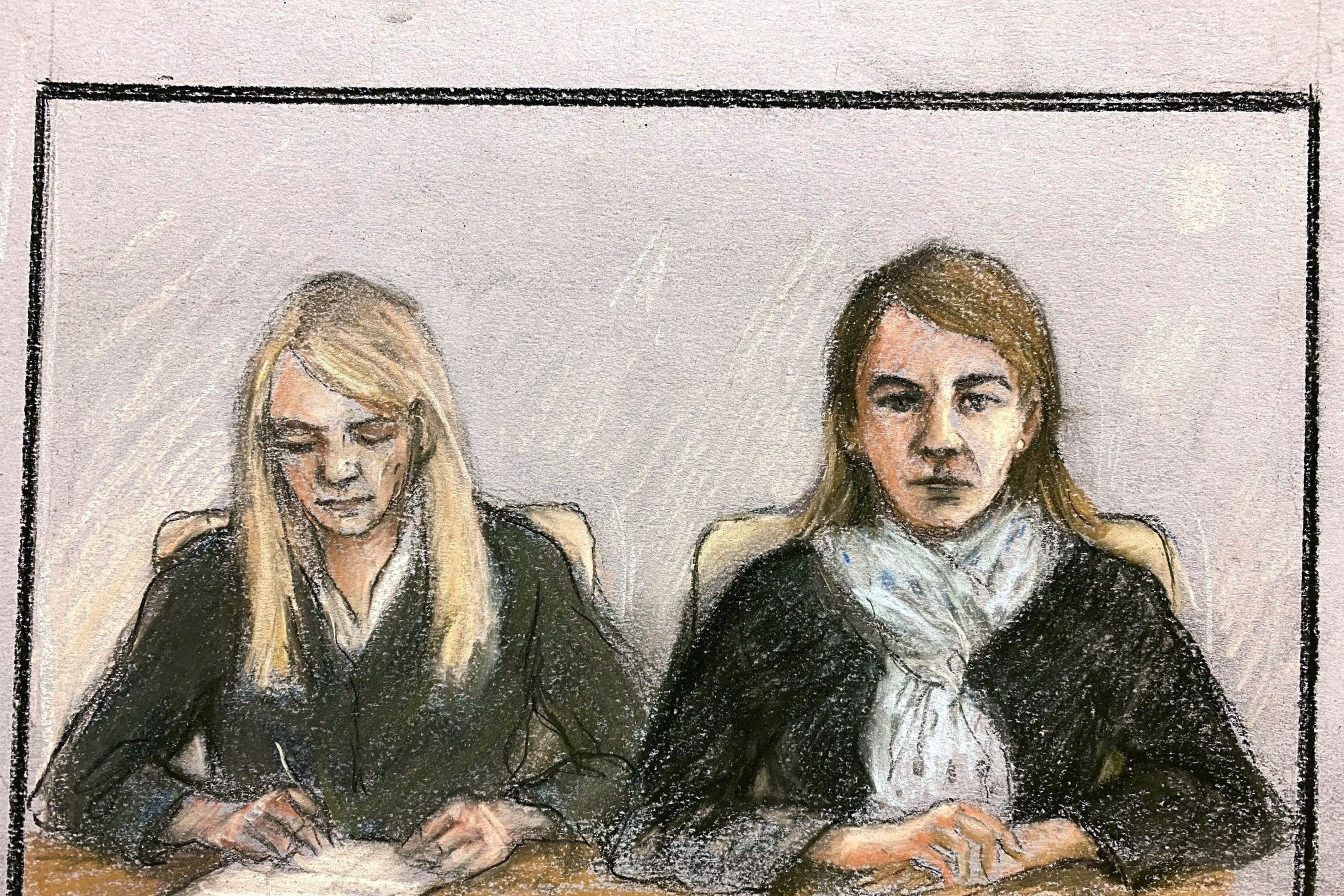 An artist’s sketch of Anne Sacoolas (right) and an official made during her High Court hearing