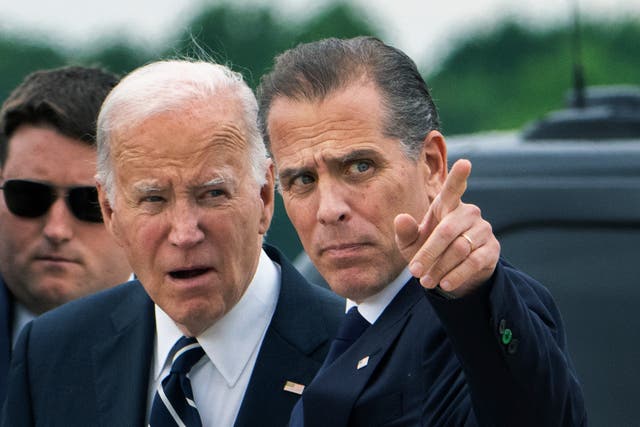 <p>President Joe Biden talks with his son Hunter Biden as he arrives at Delaware Air National Guard Base in New Castle, Deleware Tuesday 11 June 2024</p>
