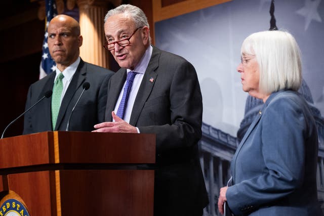 <p>Cory Booker (left), Chuck Schumer (center) and Patty Murray (right) speak to reporters after Senate Republicans blocked IVF protections</p>