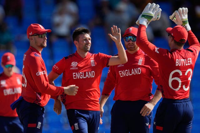 Mark Wood celebrates with team-mates after taking the wicket of Oman’s Ayaan Khan (Ricardo Mazalan/AP)