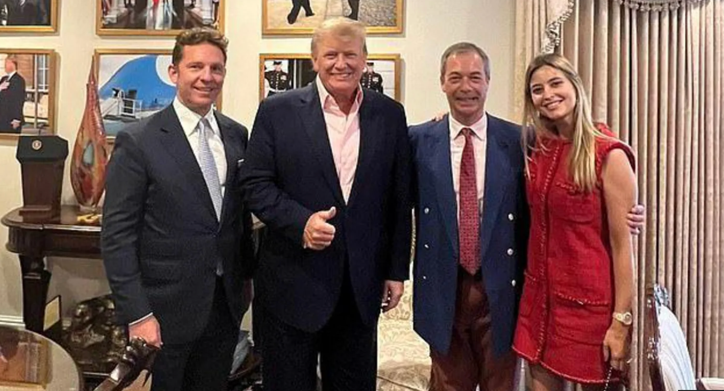 From left to right, Nick Candy, Donald Trump, Nigel Farage and Holly Valance pose for a photo at the former president’s Mar-a-Lago estate. Valance, a former pop star, just hosted a massive fundraiser for Trump in London.