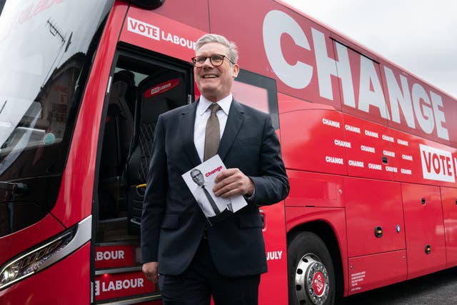 <p>Labour Party leader Sir Keir Starmer arrives on his election battle bus at a campaign event in Halesowen (PA)</p>