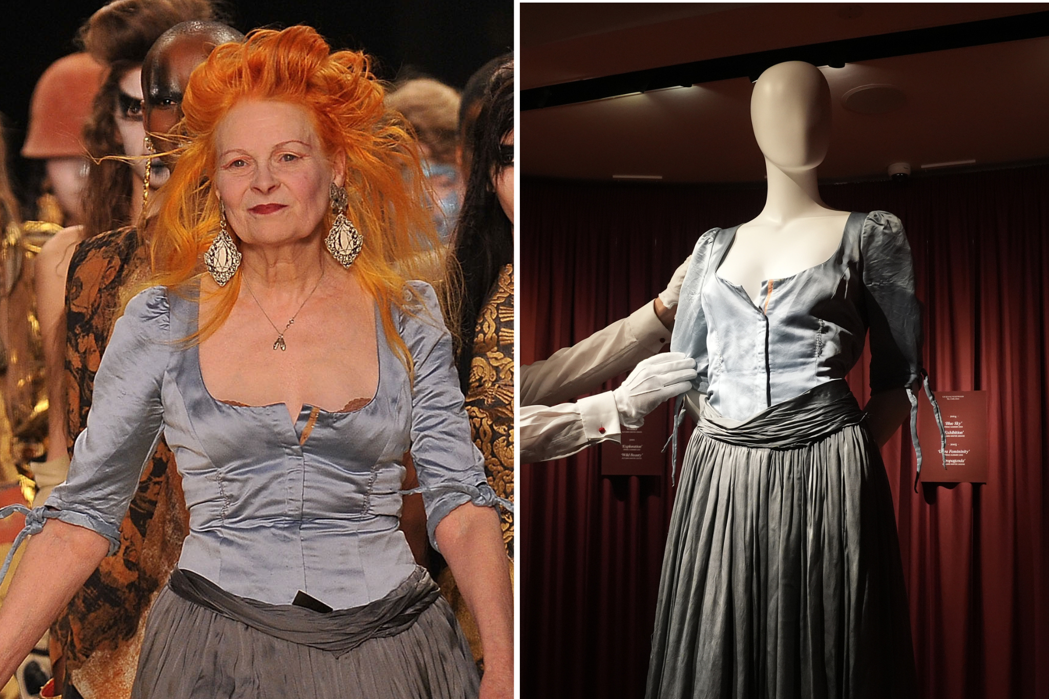 Westwood usando seu 'vestido Cinderela' na Paris Fashion Week em 2011 (L) e o vestido em exposição na Christie's (R)