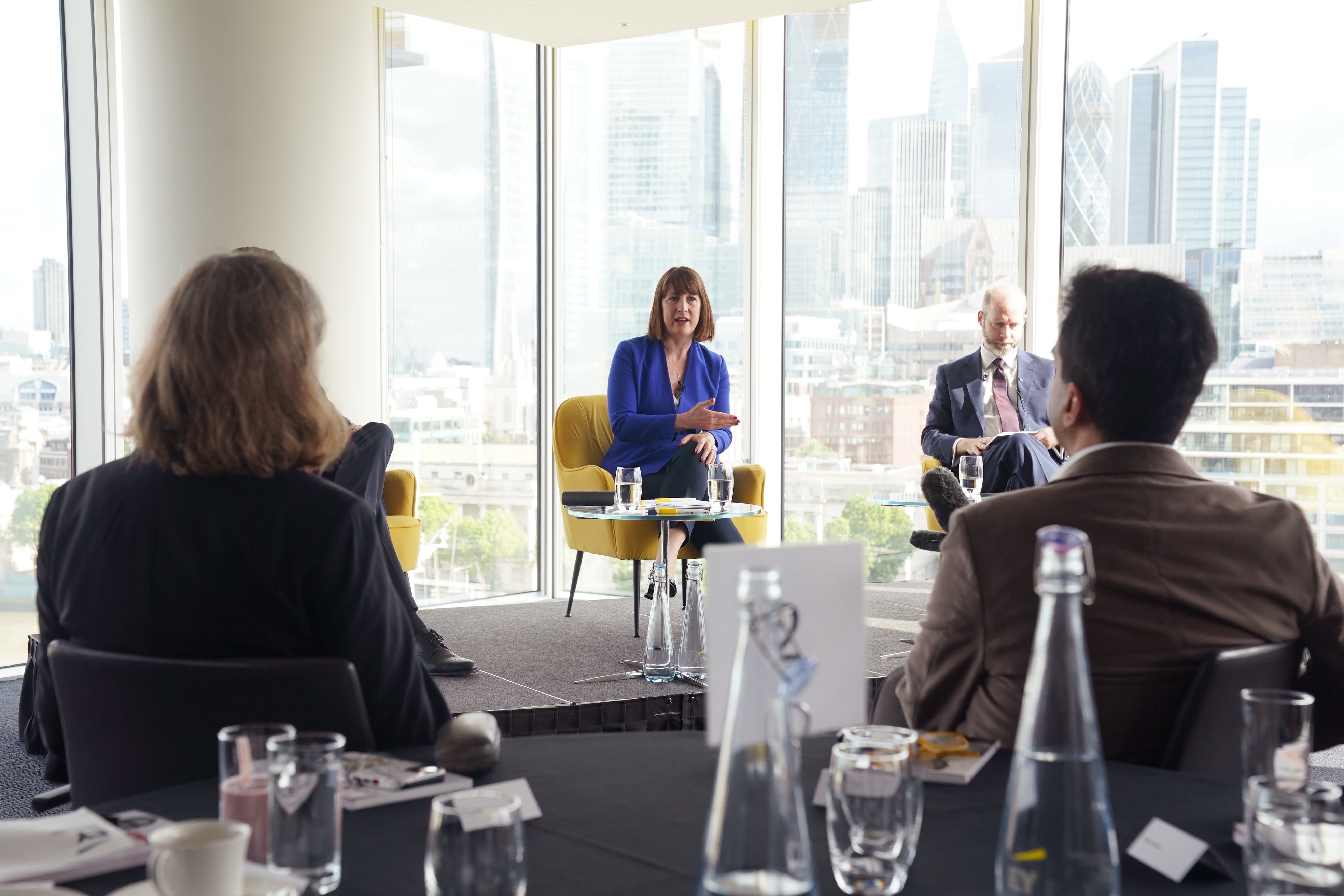 Shadow chancellor Rachel Reeves and shadow secretary of state for business and trade Jonathan Reynolds speaking to the media at EY in London, during a press conference while on the General Election campaign trail