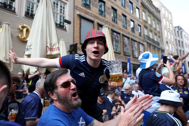 <p>Scotland fans in Munich ahead of the opening game of Euro 2024 </p>