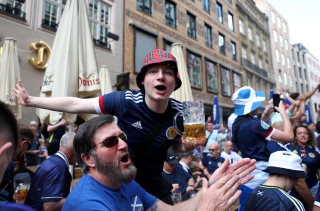 <p>Scotland fans in Munich ahead of the opening game of Euro 2024 </p>