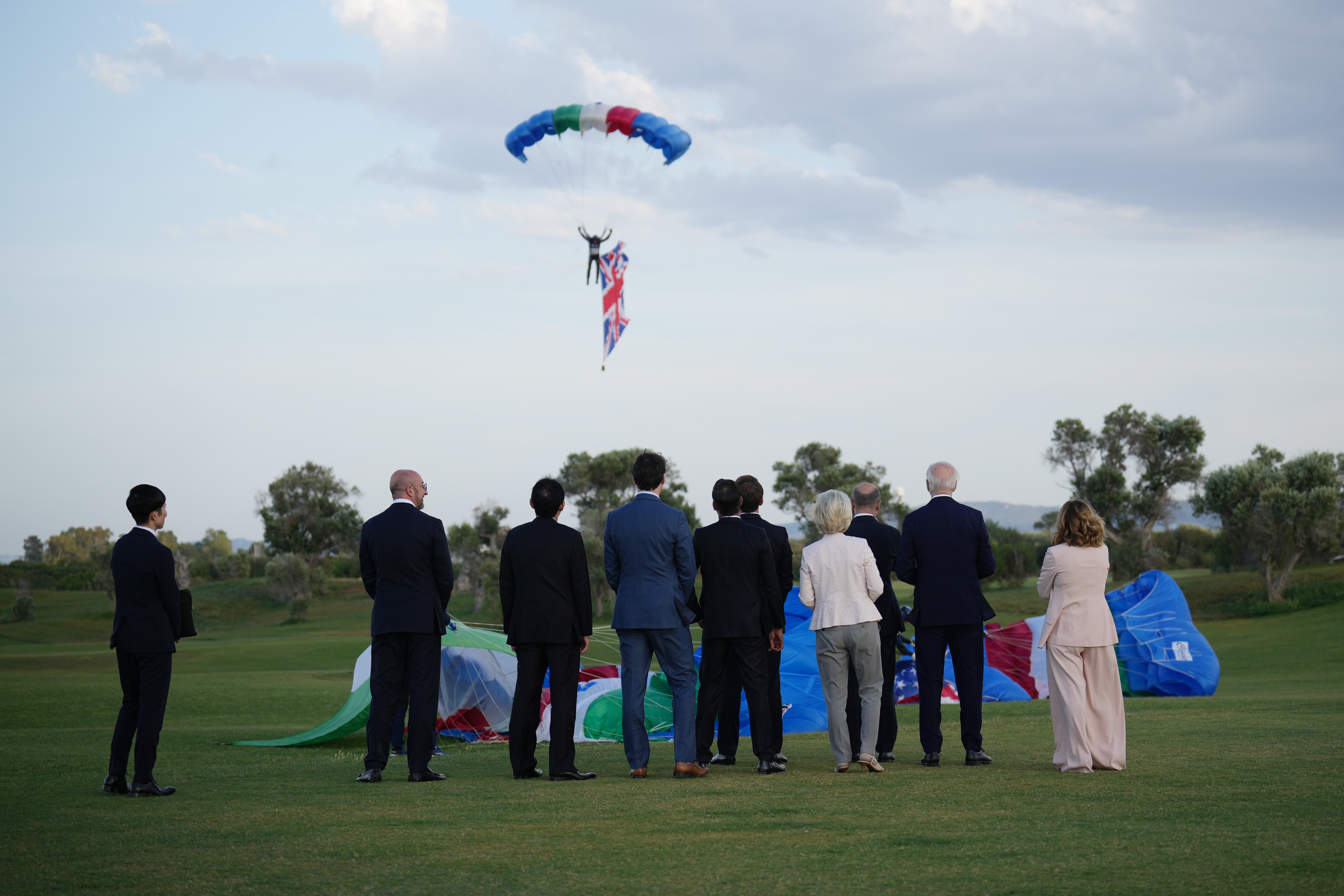 G7 leaders watch a parachute drop at San Domenico Golf Club in Fasano (Christopher Furlong/PA)