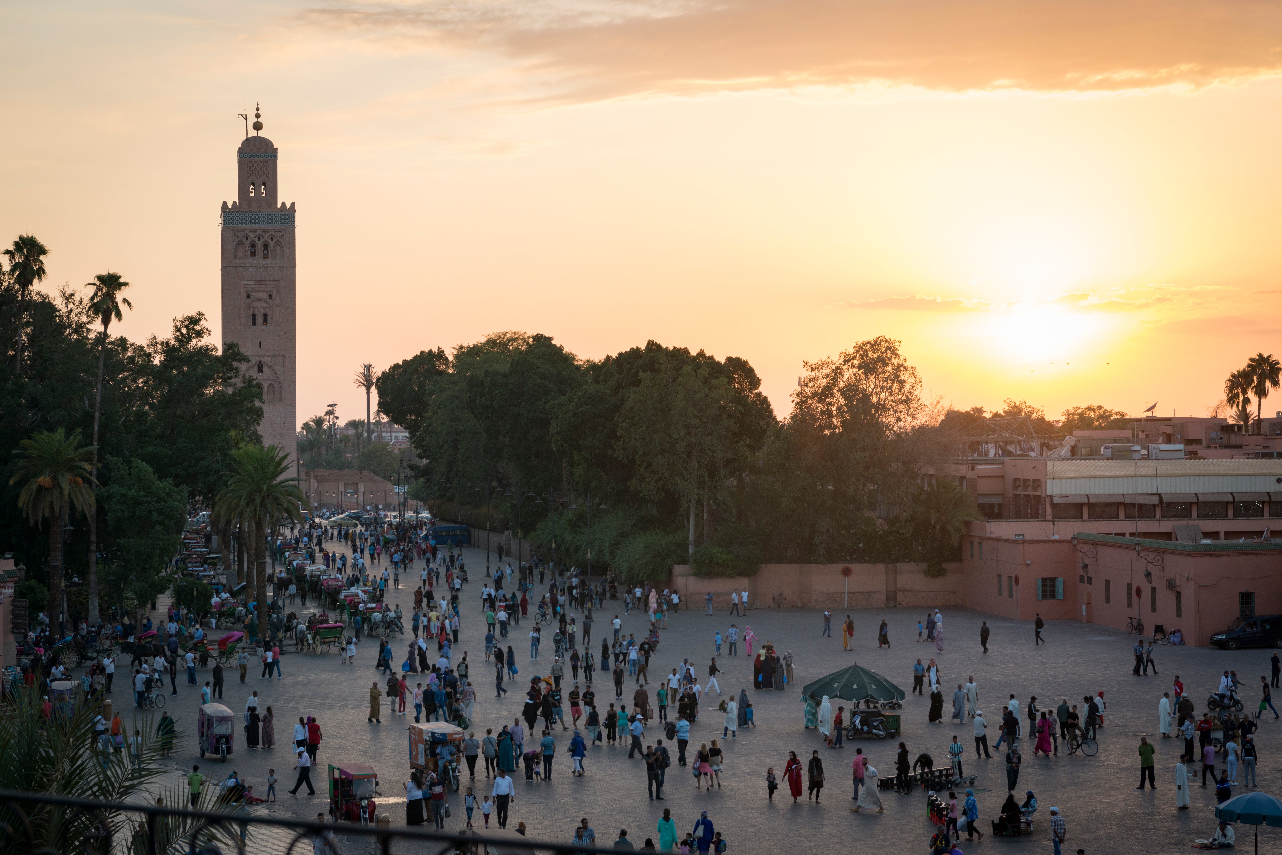 The Koutoubia mosque towers over a square in Marrakech, the final destination