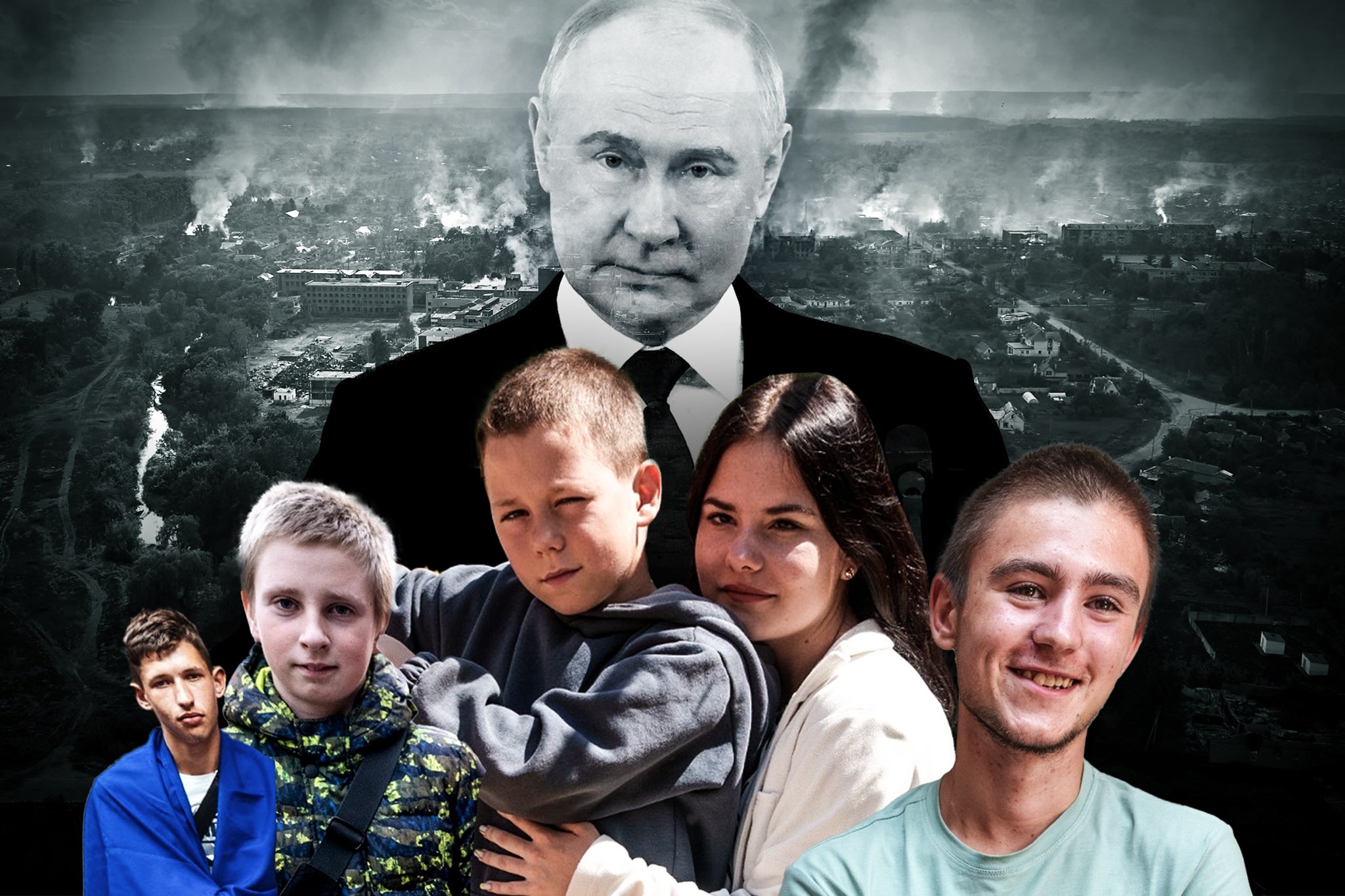 Vladimir Putin and, from left, Ukrainian children Serhiy, Bogdan, Serhii, Ksenia and Denis after being rescued from forced Russian deportation