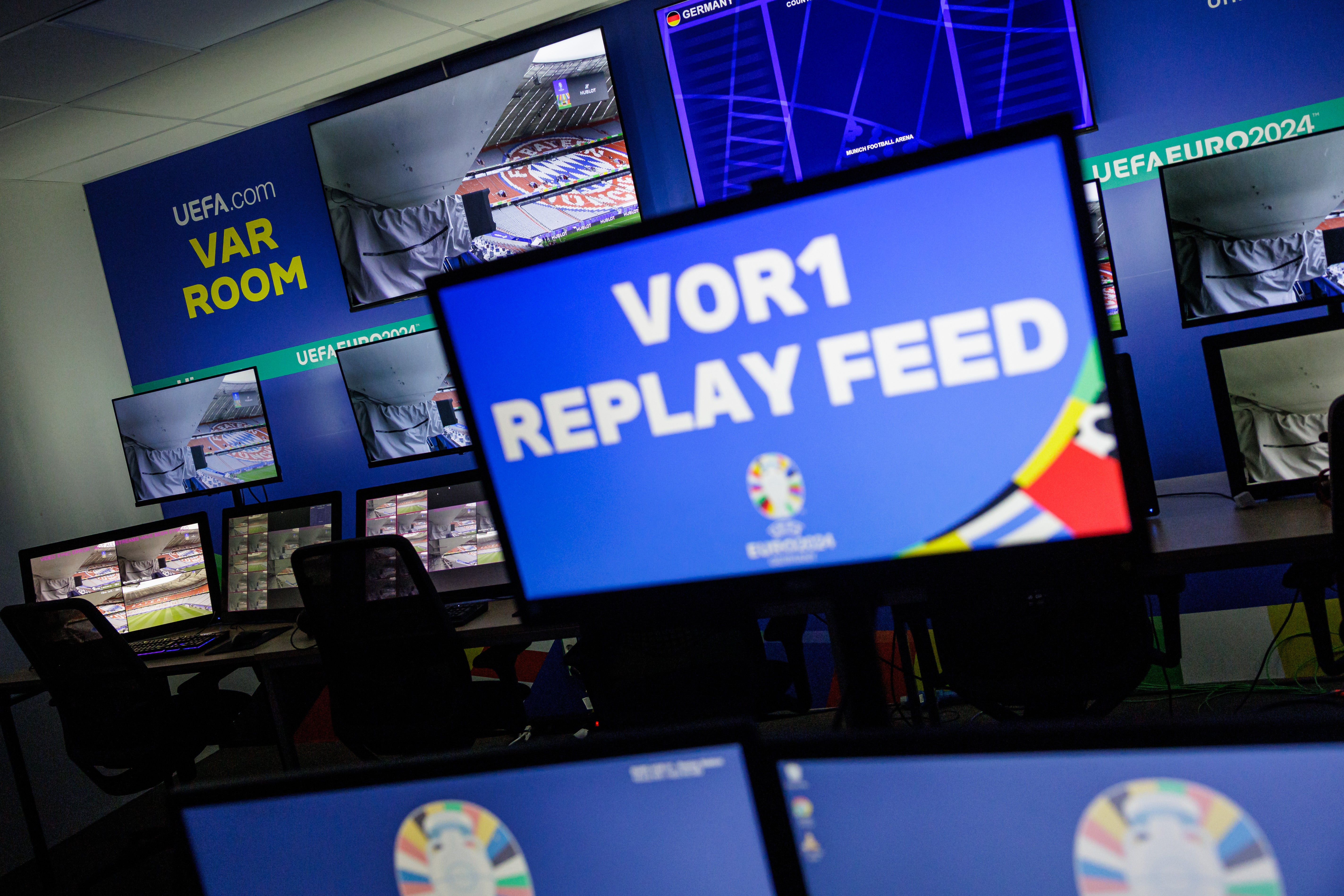 The VAR (Video Assistant Referee) room at the IBC, the International Broadcast Centre