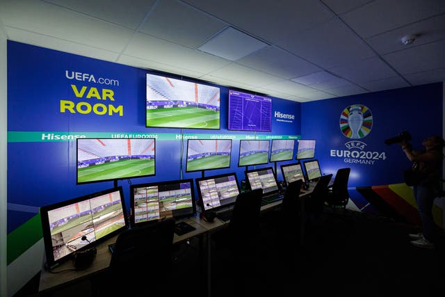 <p>The VAR (Video Assistant Referee) room at the IBC, the International Broadcast Centre, in the the Leipzig Trade Fair centre</p>