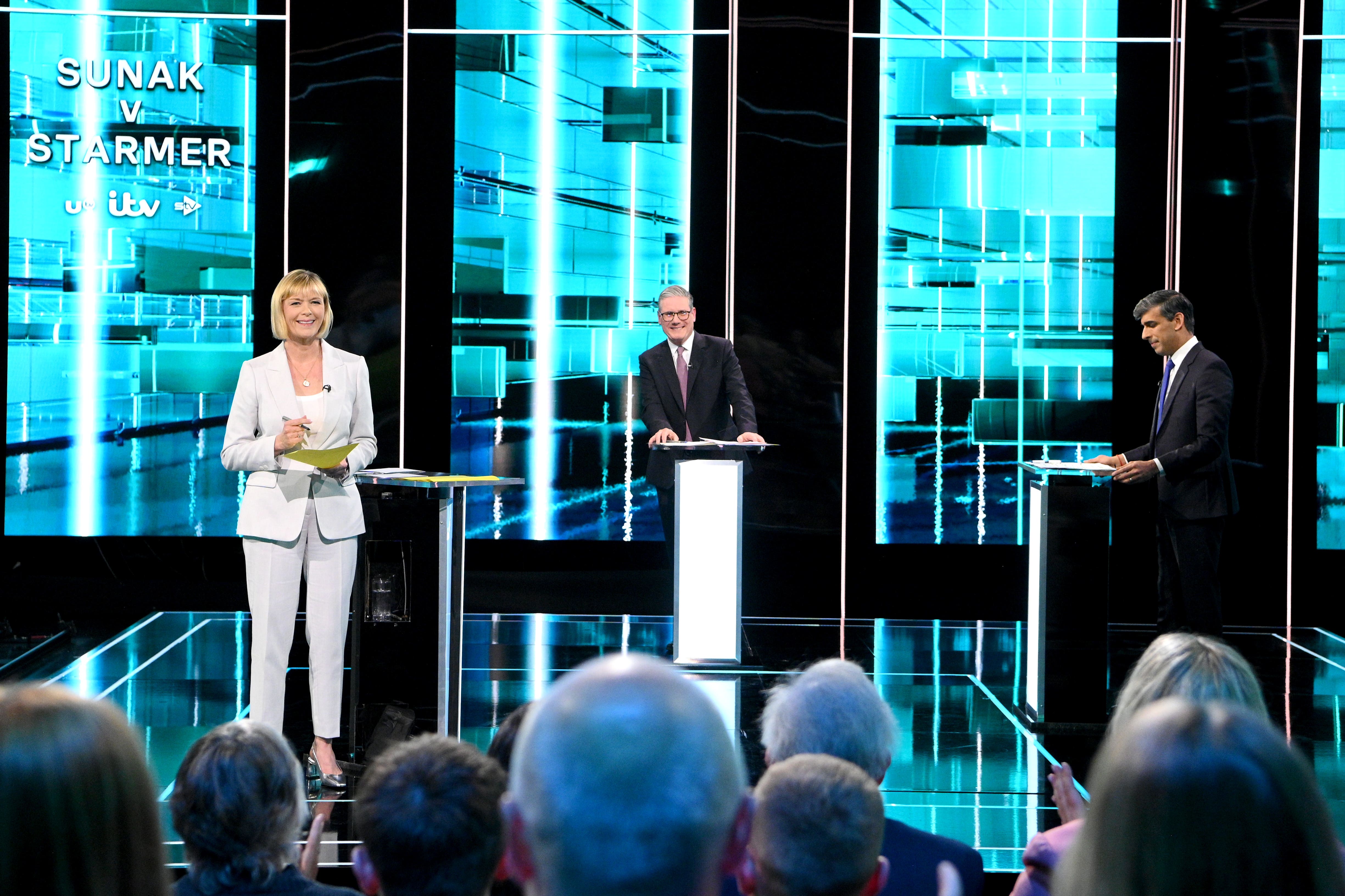 Prime Minister Rishi Sunak (right), host Julie Etchingham and Labour Party leader Sir Keir Starmer during an ITV General Election debate (Jonathan Hordle/ITV)