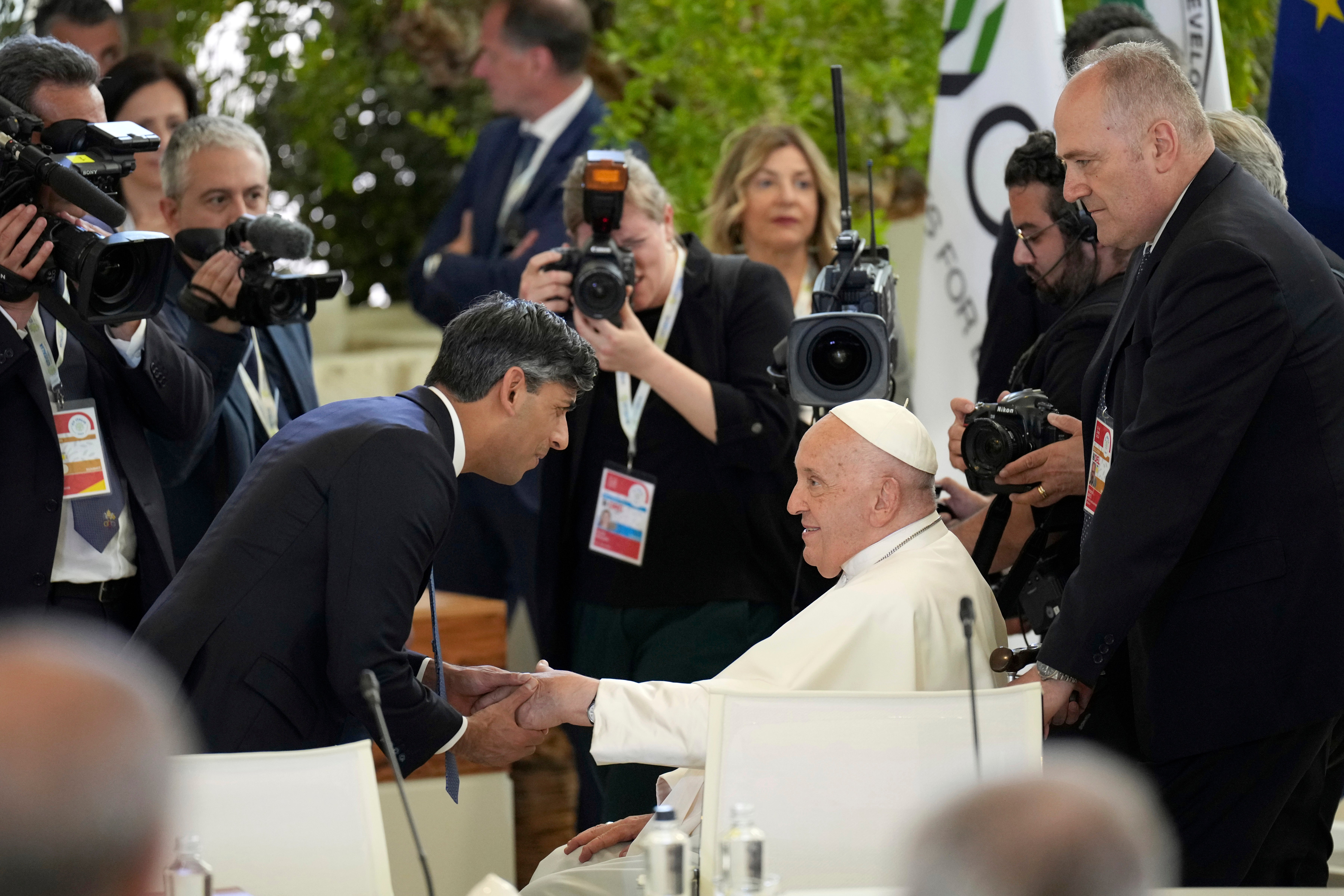 Rishi Sunak welcomes Pope Francis ahead of a working session on Artificial Intelligence (AI), Energy, Africa-Mediterranean, on day two of the 50th G7 summit at Borgo Egnazia, southern Italy