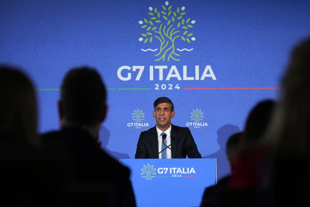 Prime Minister Rishi Sunak speaking during a press conference at the G7 leaders’ summit at the Borgo Egnazia resort, in Puglia, Apulia, Italy (Christopher Furlong/PA)