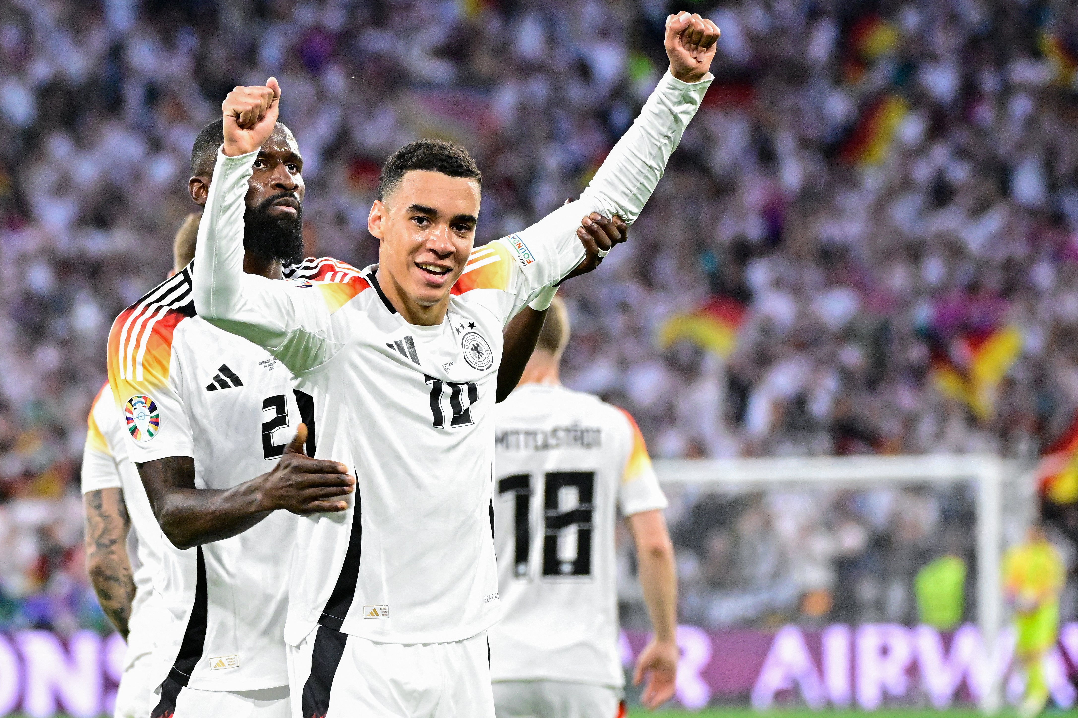 Jamal Musiala celebrates after scoring Germany’s second goal